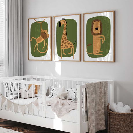 Safari playroom wall art set with playful animal characters