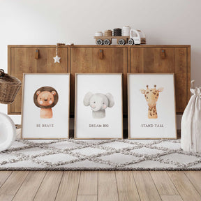 safari nursery art print encouraging children to "Dream Big" in neutral colors.