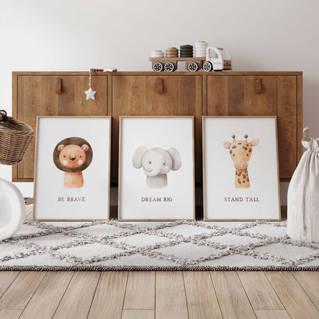 safari nursery art print encouraging children to "Dream Big" in neutral colors.
