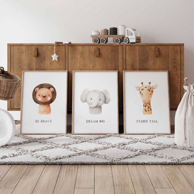 safari nursery art print encouraging children to "Dream Big" in neutral colors.
