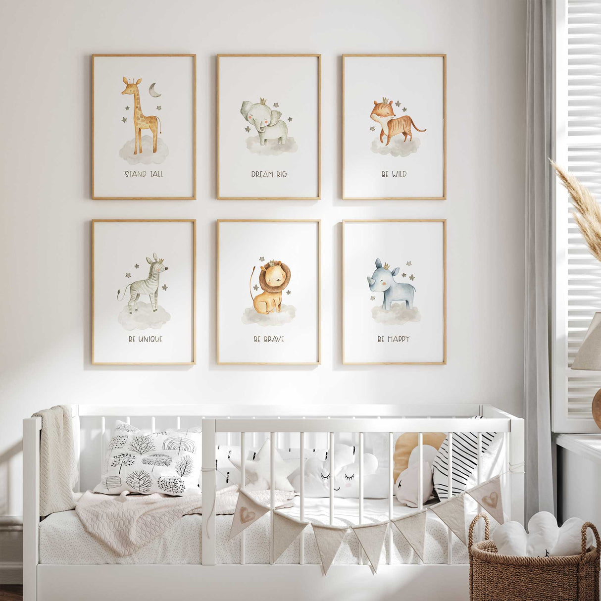 Soft pastel nursery wall art collection featuring safari animals like a lion and elephant, each labeled with uplifting phrases.