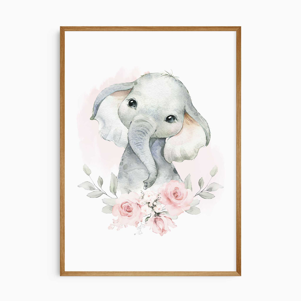 Watercolor elephant with bouquet, safari-themed nursery print