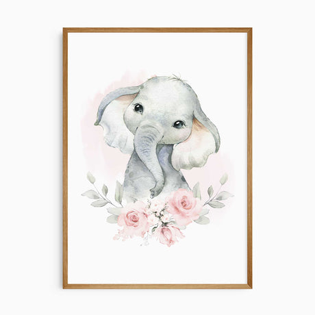 Watercolor elephant with bouquet, safari-themed nursery print