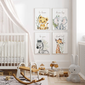 Safari animal nursery wall art set featuring lion, elephant, zebra, and giraffe with inspirational quotes