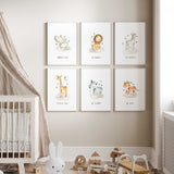 A set of 6 nursery wall art pieces featuring watercolor safari animals with inspirational phrases such as 'Be Brave' and 'Dream Big.