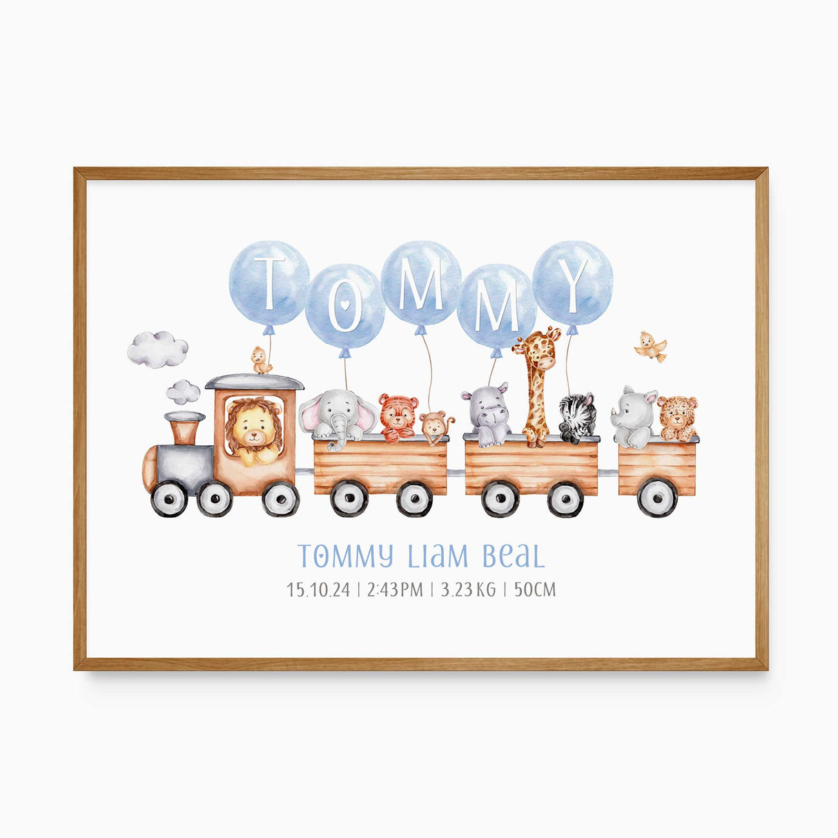 Personalized train themed wall art with animals, featuring the a name and birth details.