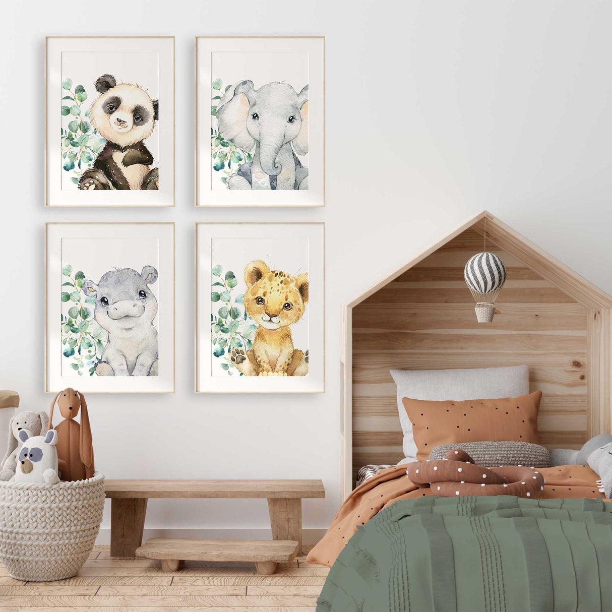 Safari wall art for kids bedroom with four animal prints