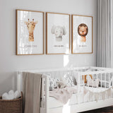 Set of 3 safari animal prints with lion, elephant, and giraffe for nursery wall decor