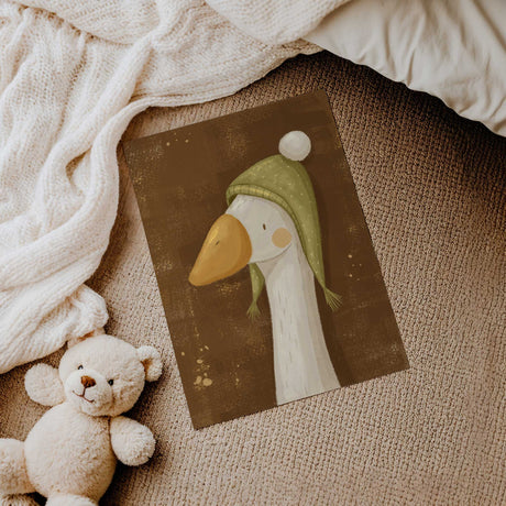 Sage goose nursery decor print with warm brown background