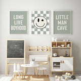 Sage green boys bedroom wall art set with modern typography and smiley face print