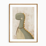 Sage green dinosaur print with warm mustard details and a borderless design for a nursery or young child’s bedroom
