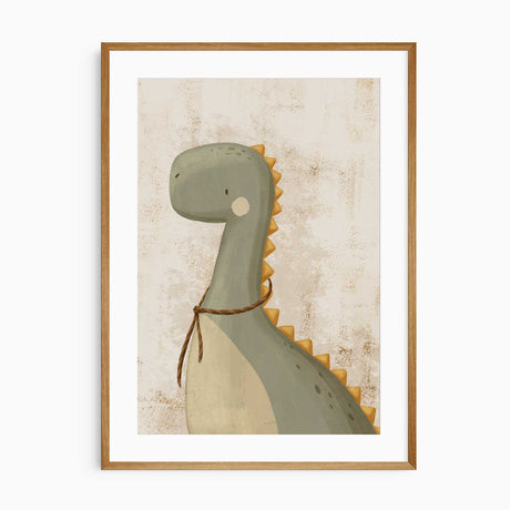Sage green dinosaur print with warm mustard details and a borderless design for a nursery or young child’s bedroom