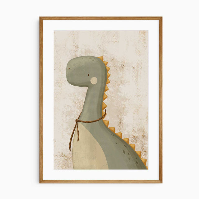 Sage green dinosaur print with warm mustard details and a borderless design for a nursery or young child’s bedroom