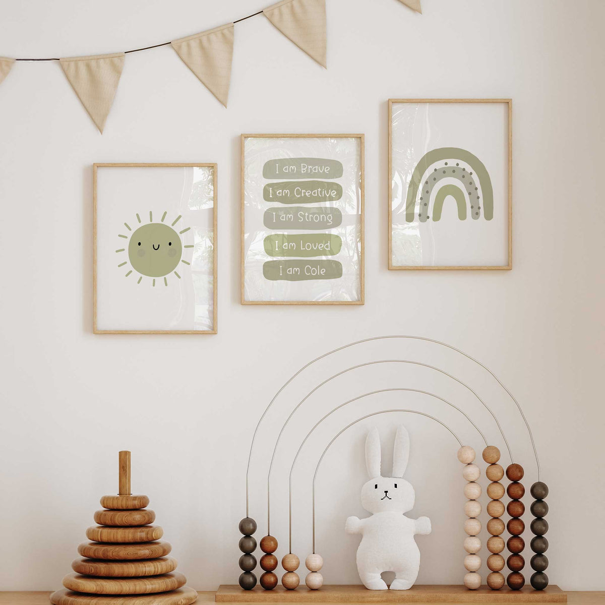 Sage and olive green sun, personalised affirmation and rainbow prints