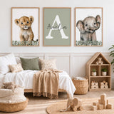 Safari animal trio featuring a lion cub, smiling elephant and white initial with personalised name on a sage green background.