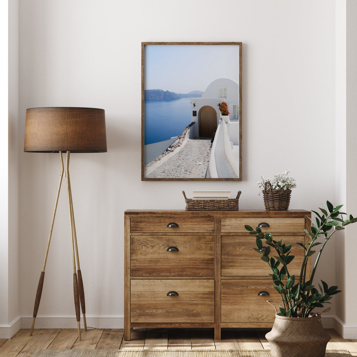 Santorini Greek Island print featuring white architecture and a rustic wooden doorway.