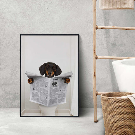 sausage dog sitting on a toilet reading a newspaper