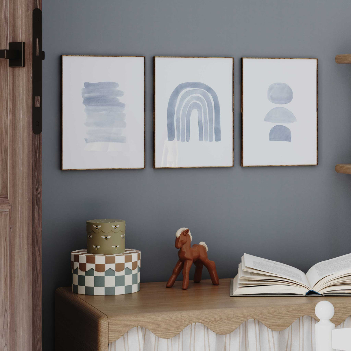Scandinavian boy nursery decor set with soft blue abstract artwork