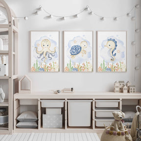 Blue ocean animals wall art set of three prints