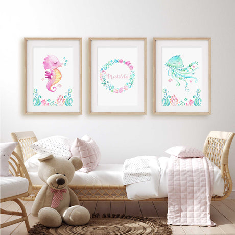 Ocean animal wall art set in pastel colours for girls’ nursery or playroom