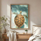 Sea turtle swimming in clear turquoise water photographed from above, creating a calming coastal ocean wall art print for home or office décor.