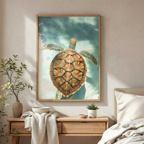 Sea turtle swimming in clear turquoise water photographed from above, creating a calming coastal ocean wall art print for home or office décor.