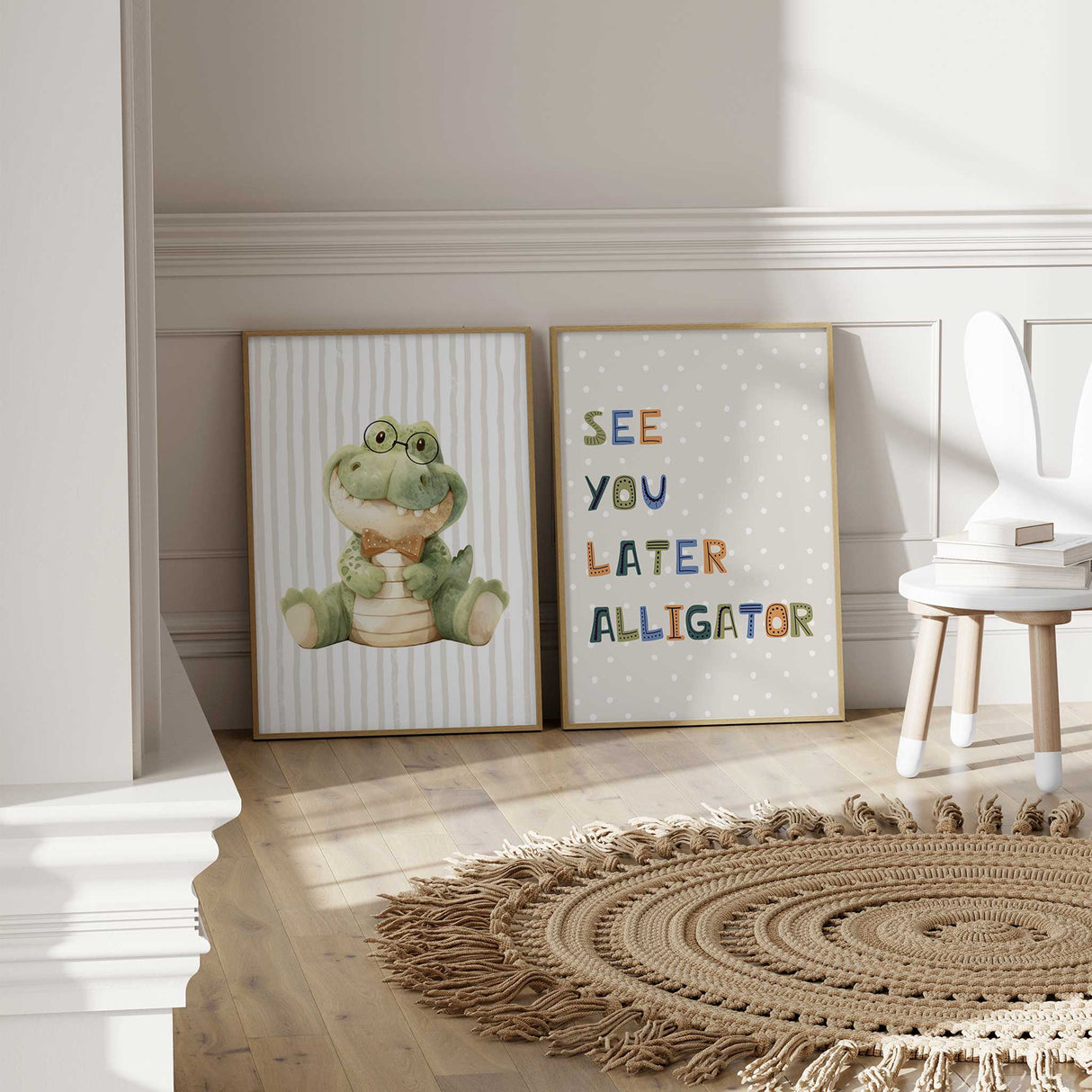 Adorable plushy alligator nursery decor with colorful text "SEE YOU LATER ALLIGATOR" on a polka-dotted background.