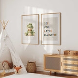 Playful nursery print with a charming green alligator and whimsical text, perfect for baby room decor.