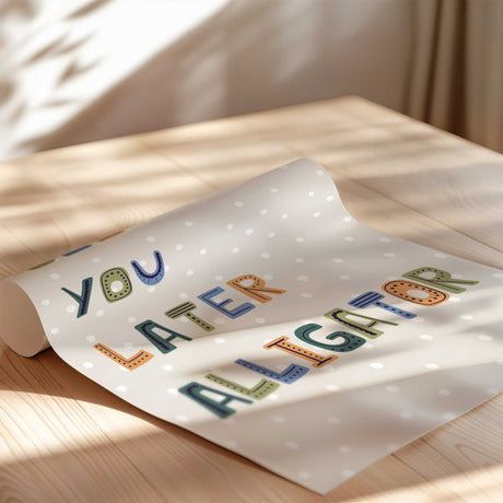 Colourful “See You Later Alligator” wall print with playful typography on neutral polka dot background for kids nursery or playroom