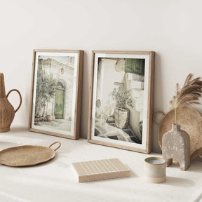 Rustic Mediterranean green door wall art with olive tree and terracotta pots