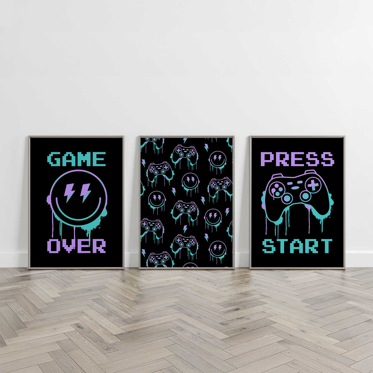 Three unframed gaming themed prints for boys bedroom including 'GAME OVER' text with a smiley face, game controller pattern, and 'PRESS START' text."