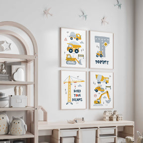 Construction truck wall art set with excavators, cranes, and cement trucks, perfect for boys rooms