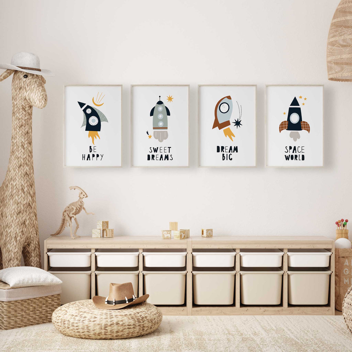 Rocket adventure nursery wall art set, perfect for creating an intergalactic atmosphere.