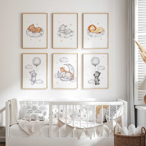 A set of six baby safari animal prints with fluffy clouds and twinkling stars