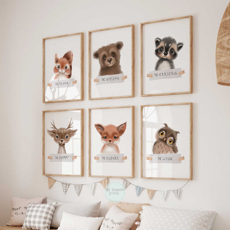 Set of 6 animal affirmation posters for children's bedroom or toddler room wall art