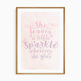 She leaves a little sparkle wherever she goes quote print with pink and lilac lettering, hearts and stars on pale pink.
