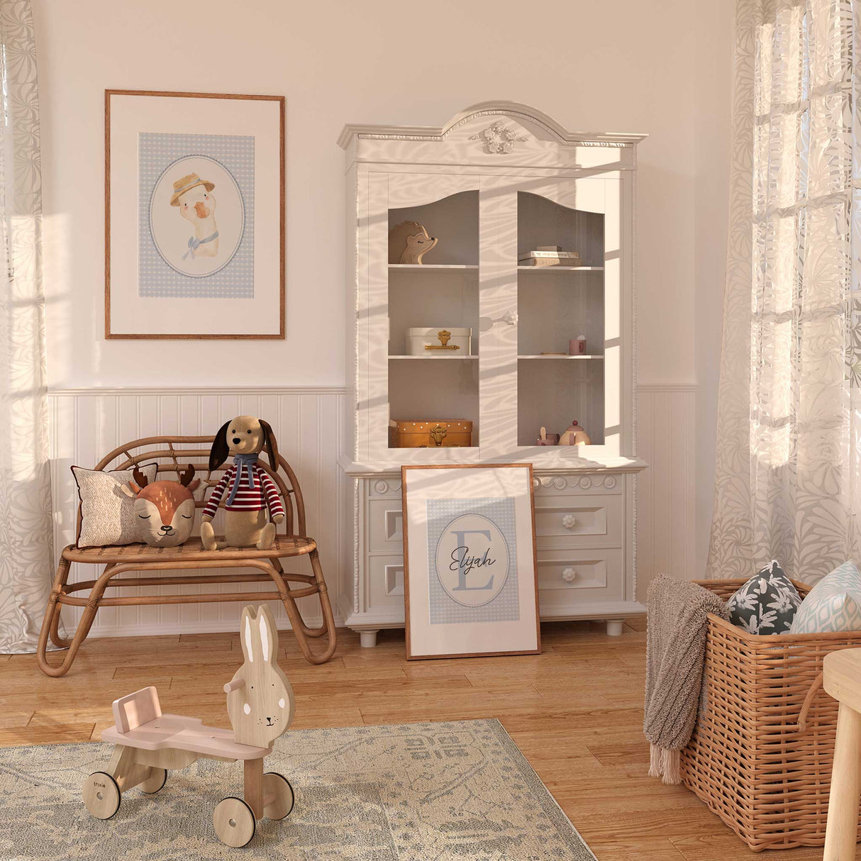 silly goose nursery print with blue gingham background and watercolour goose illustration