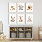Six baby animal nursery prints with tiger, elephant, lion, rhino, giraffe and hippo in coordinated soft toy style.