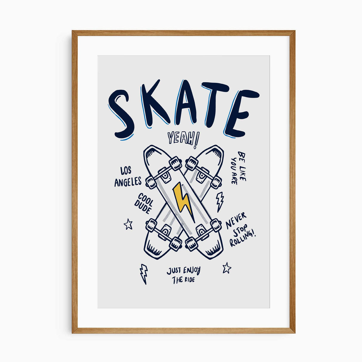 Navy and yellow skateboard print for boys bedroom