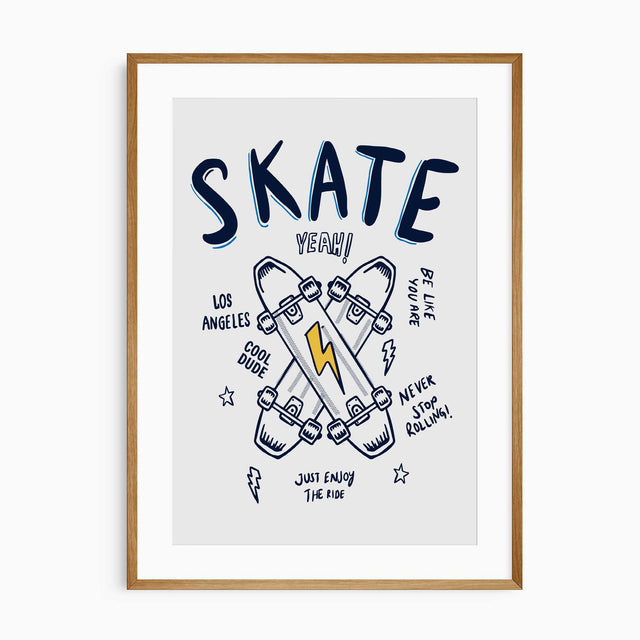 Navy and yellow skateboard print for boys bedroom