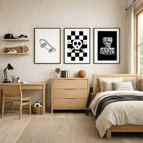 Set of 3 skateboard wall art prints for a tween or teen room