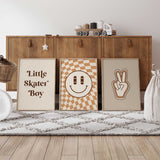 Set of skater wall art prints showing skateboard smiley face peace hand and quote for boys rooms.