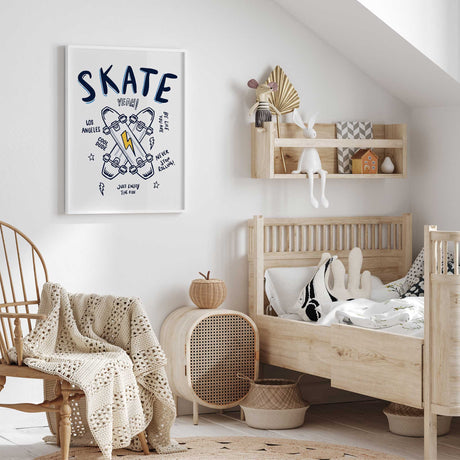 skateboard wall art for boys bedroom with bold skate typography in navy yellow and grey