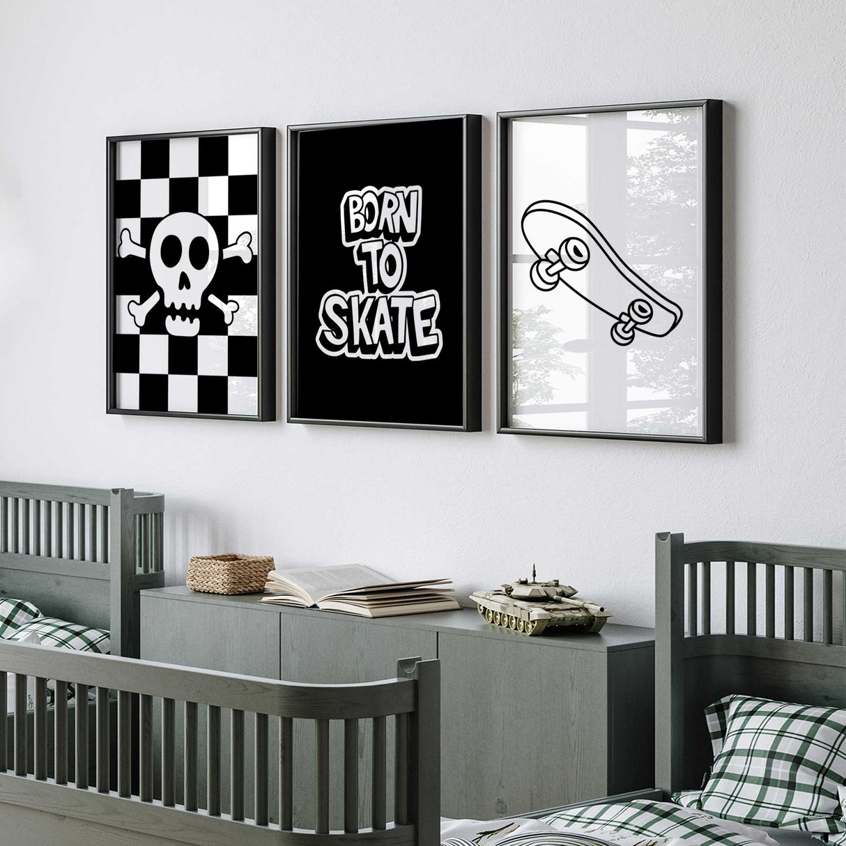 Black and white skateboard wall art set for a boys bedroom