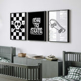 Black and white skateboard wall art set for a boys bedroom