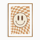 Smiley face wall art with skateboard eyes and a retro checkered background for boys room décor.