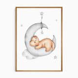 Sleeping dinosaur resting on a crescent moon among stars and clouds in a soft neutral wall art print