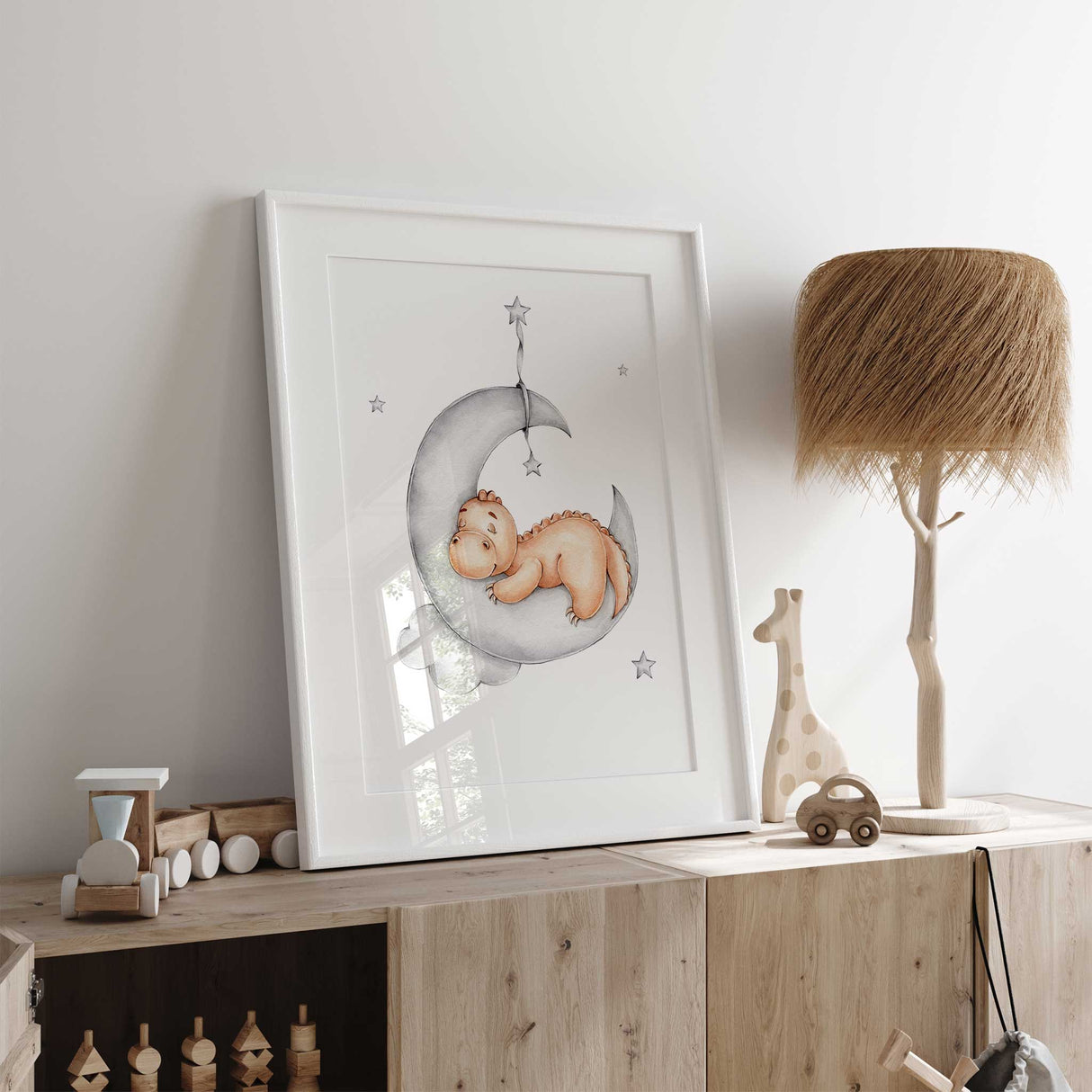 Sleeping dinosaur on moon wall art print for kids nursery