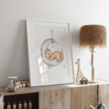 Sleeping dinosaur on moon wall art print for kids nursery