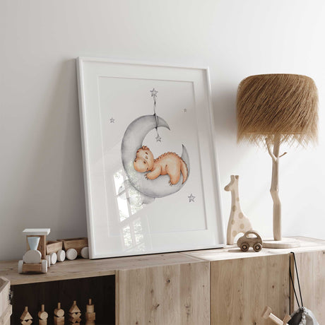 Sleeping dinosaur on moon wall art print for kids nursery